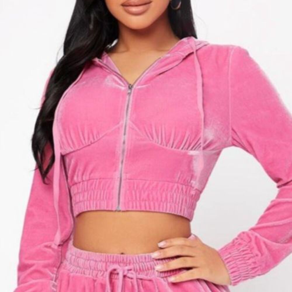 Shein Sxy Pink Velour Hoodie Jacket Womens Medium Velvet Cinched Crop Style
